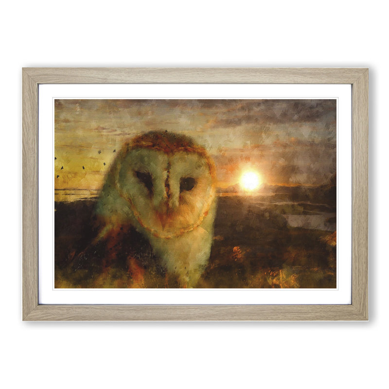 Owl at Sunset - Picture Frame Painting, Oak Framed, 27cm H x 36cm W x 2cm D