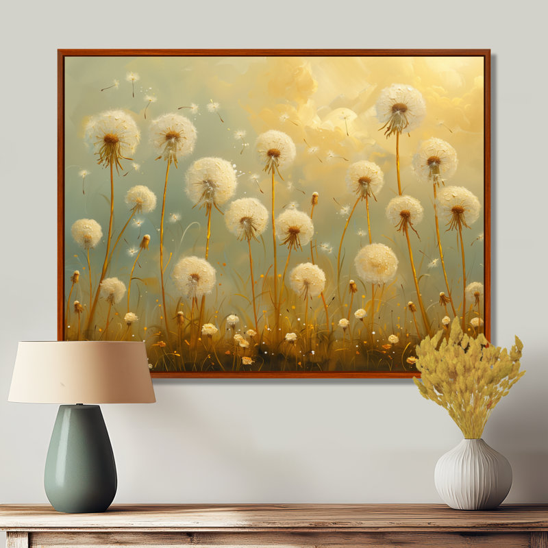 «Beige Blue Spring Dandelion Collage II», art mural pissenlit, Brown Floater Framed, H 24 po x l 32 po x P 1 po