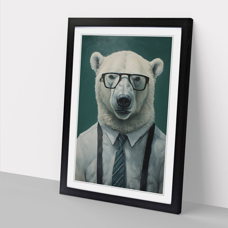 Polar Bear With Glasses No.3 - Single Picture Frame Print on Wood, Black Framed, 46cm H x 34cm W x 2cm D