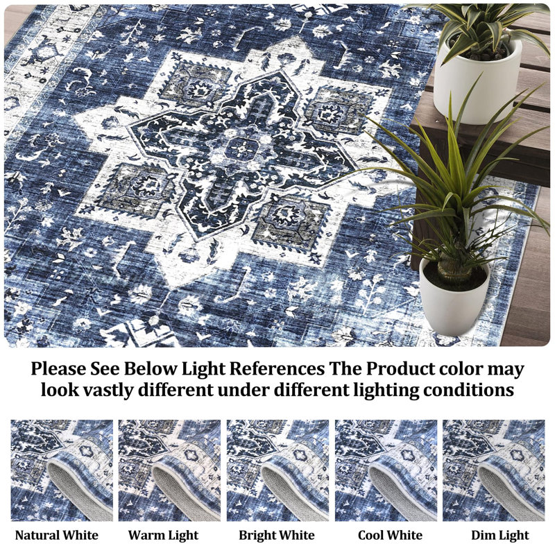 Vintage Washable Area Rug - Non-Slip, Low Pile, Soft Collapsible Carpet for Living Room, Bedroom, Dining Room, Office, Playroom