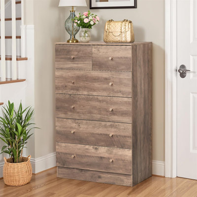 Modern Grey 6-Drawer Dresser With Rose Gold Handles – Wood Chest Of Drawers With Anti-Tip Device, For Bedroom, Living Room, Or Hallway