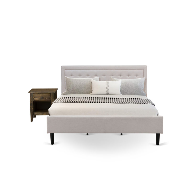 Ensemble de 2 pièces plateforme en bois pour chambre à coucher avec 1 très grand cadre et 1 table de bout - Fabrication fiable et durable - Tissu en lin beige brume