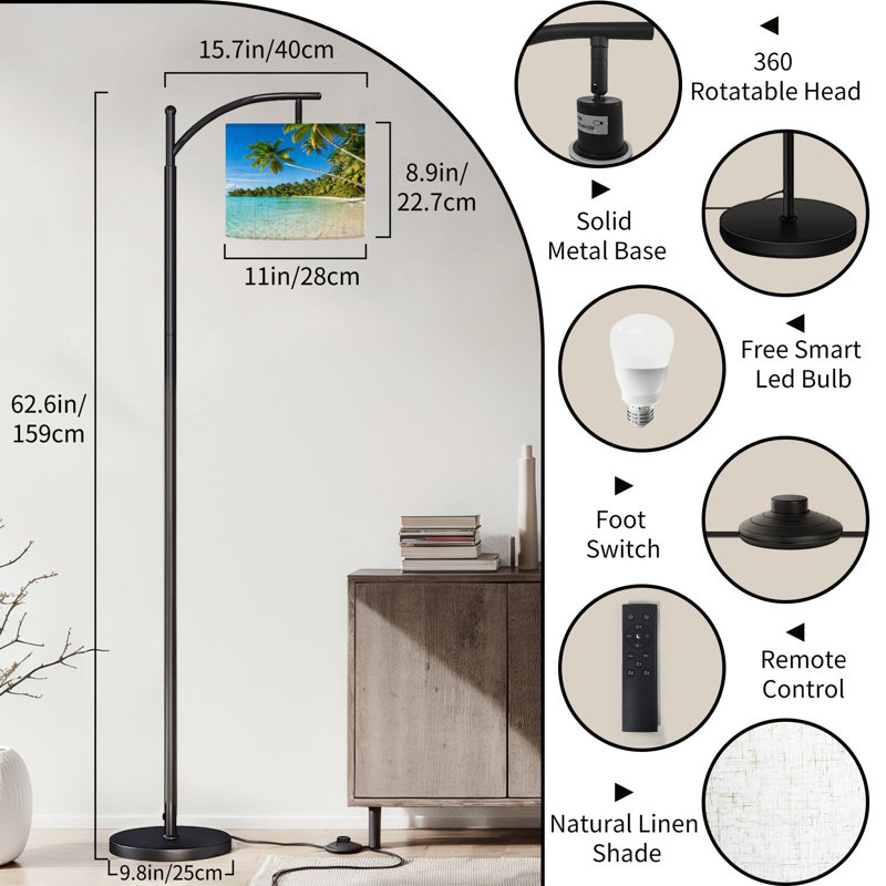  Arc Floor Lamp Teahatea Fakarava French Polynesia Atoll Beach Tall Modern Standing Lamp LED Adjustable Linen Lampshade 3 Color Temperatures
