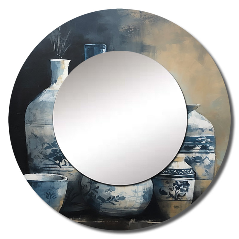 Pevzner bleu et crème Vibes Bohemian Pottery IV - grand miroir mural de poterie Boho, miroir décoratif rond traditionnel, impression d'art en métal