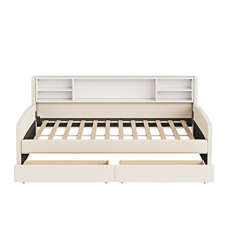 Lit plateforme simple tapissier avec rangement, Beige