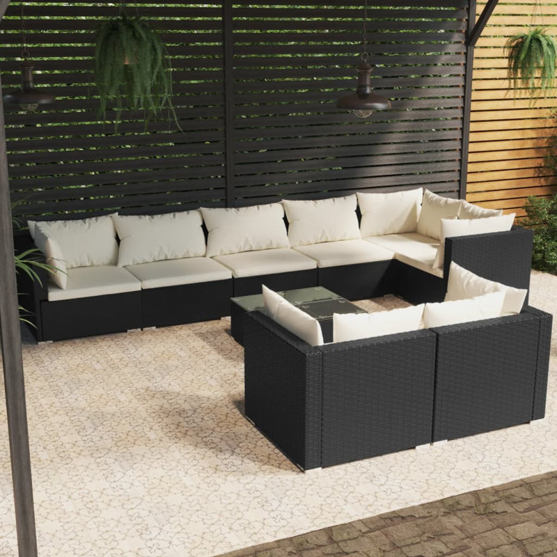 Ensemble de conversation modulaire 9 pièces, 5x coin + 3x milieu + table, Noir et bleu eau