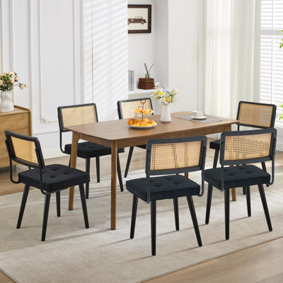 Natural Rattan Dining Chairs Set, Mid Century Kitchen Chairs with Velvet Upholstered Seat, Modern Boho Dining Chairs
