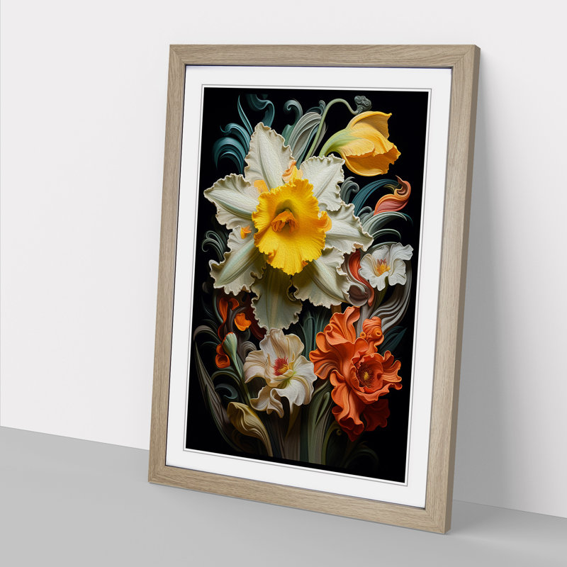 Daffodil Flower Baroque - Single Picture Frame Print on Wood, Oak Framed, 46cm H x 34cm W