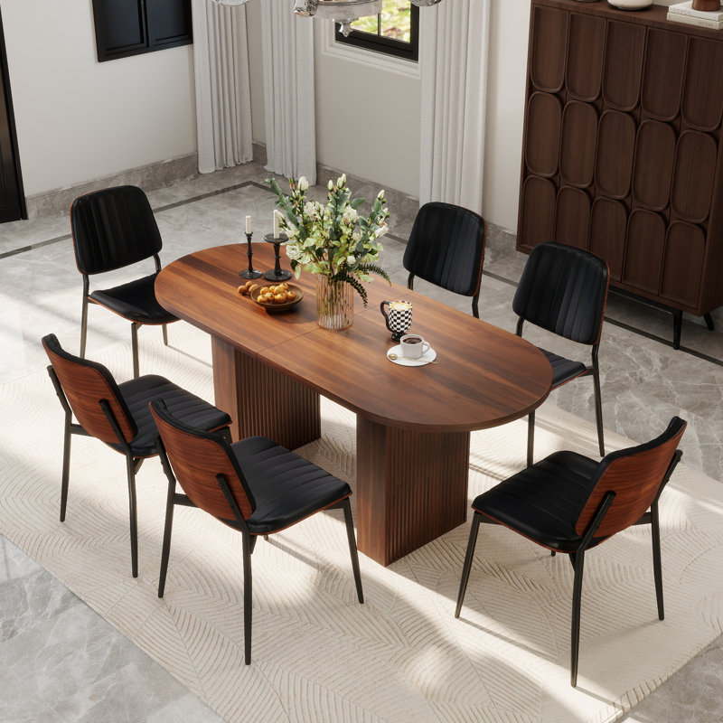 62.9" Oval Dining Table Set For 4-6, MDF Kitchen Table With Faux Leather Chairs, Walnut Curved Wood Back Mid-Century Modern Dining Set, Easy Clean Dining Furniture