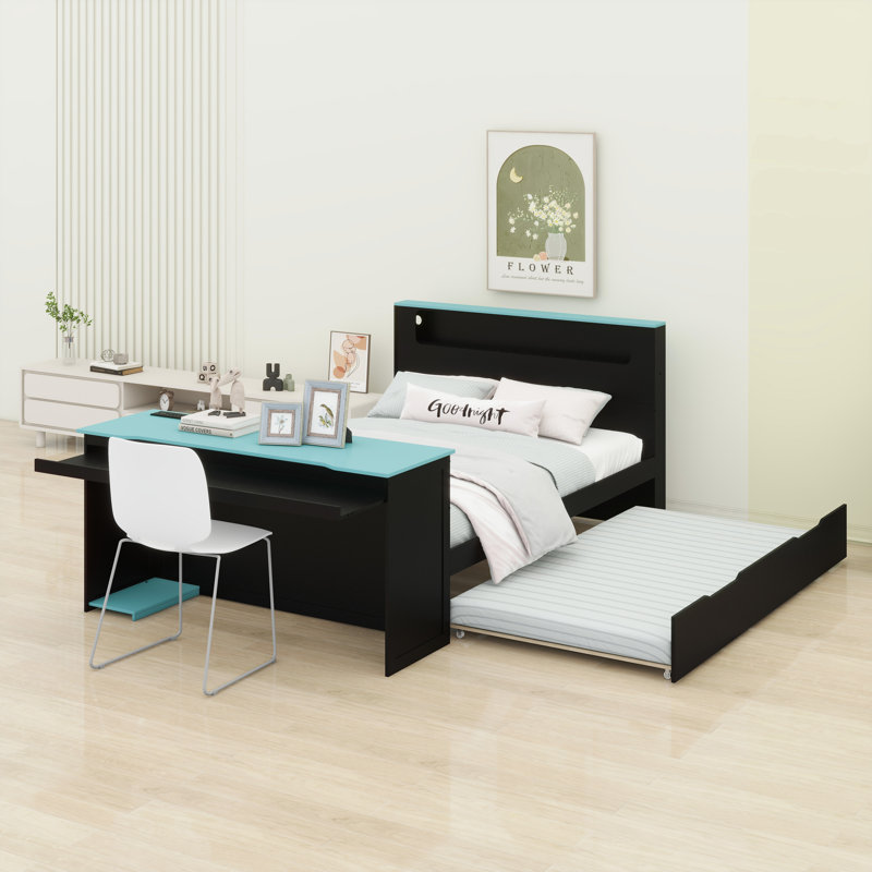 Lit de jour multifonctionnel en bois avec lit gigogne, bureau d'étude, éclairage DEL et station de charge USB, Noir / Bleu