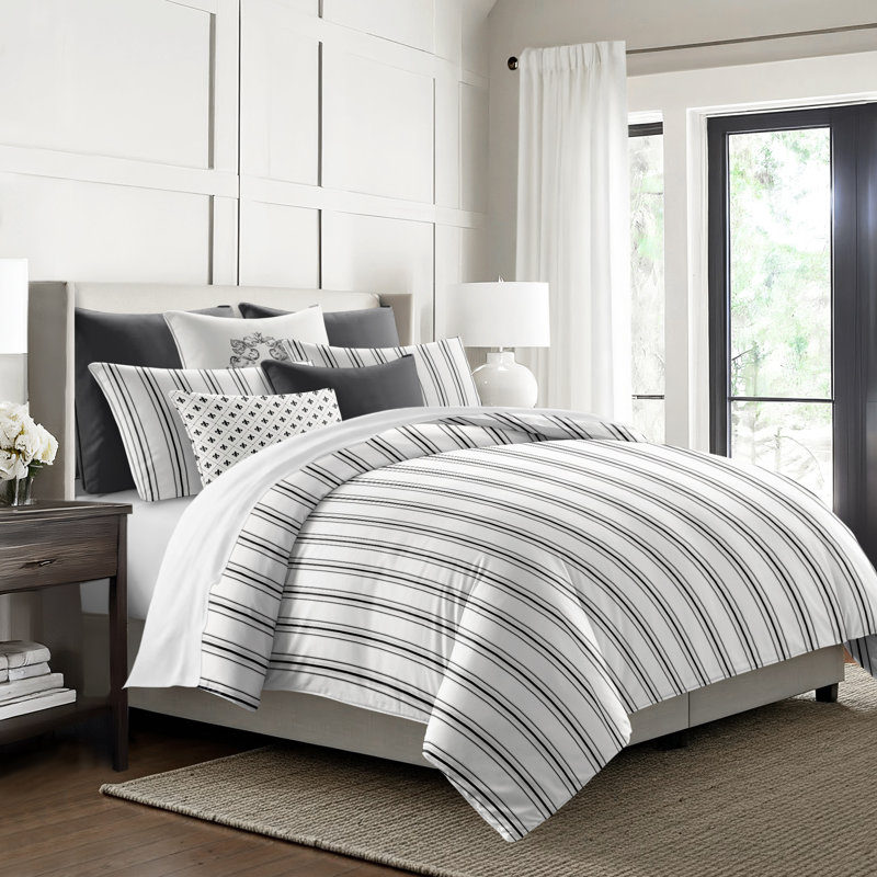 August Stripe Reversible Cotton Duvet Cover Set, Cal.King Duvet Cover + 2 King Shams, Ebony