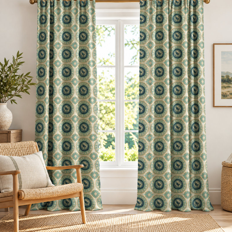 Paire de rideaux sarcelle bleu moutarde jaune à imprimé médaillon damassé, L 25 po x L 84 po