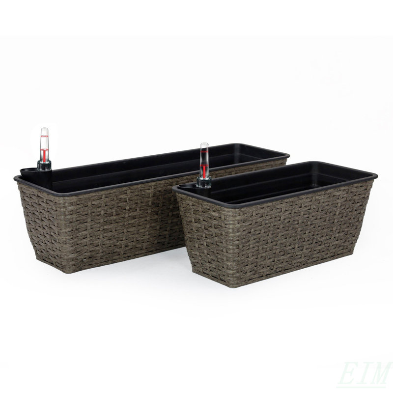 2-Pack Self-Watering Planter - Hand Woven Wicker - Rectangular - Dark Gray