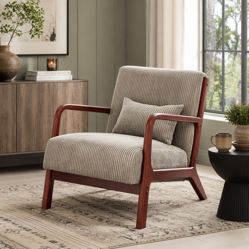 Fauteuil rembourré en bois Corduroy avec structure robuste et coussin de soutien du dos, parfait pour le confort et la durabilité.
