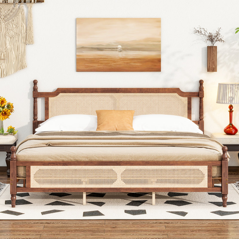 King Pine Wooden Bed With Rattan Headboard  And Footboard, With  Central Enhanced Bed Platform,Walnut, Walnut