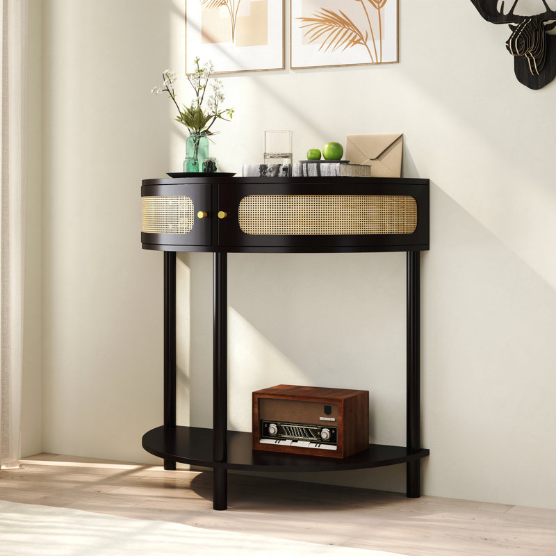 Unique Half Moon Rattan End Table And Console With Sliding Door, Storage Cabinet, And Shelf, Black | Gift Idea, Black 1