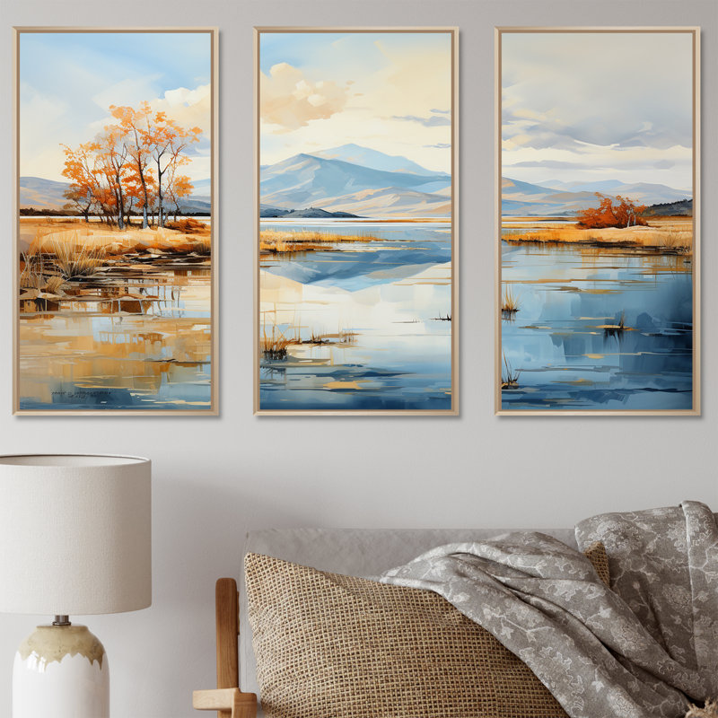 Lacs, rivières, minimalisme, ensemble d'art sur toile, Cadre naturel flottant, H 32 po x l 48 po x P 1 po