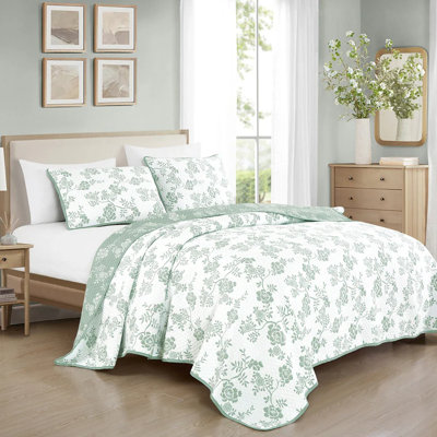 Ensemble de courtepointe 3 pièces vert et blanc