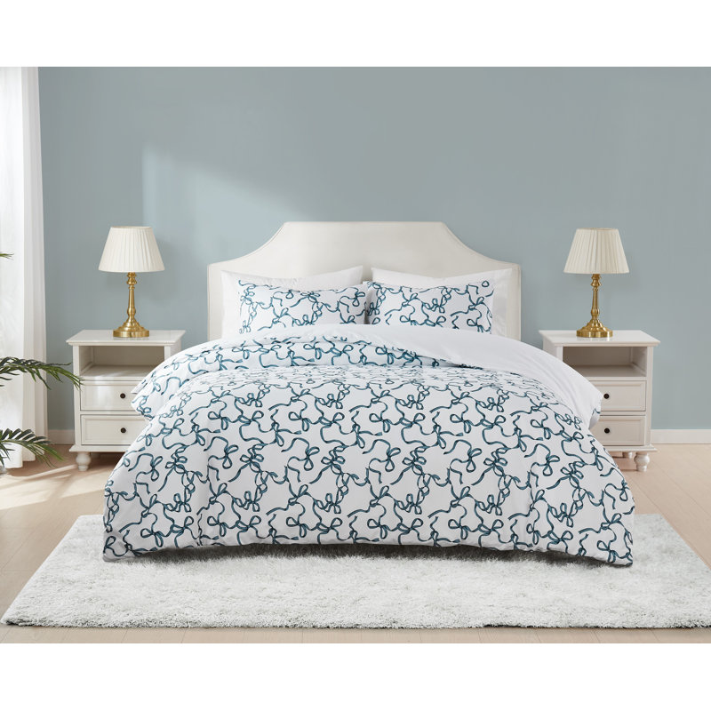 Ensembles d'édredon en microfibre à imprimé arc Trely Soft, Grand édredon et 1 taie décorative, Blanc / Bleu