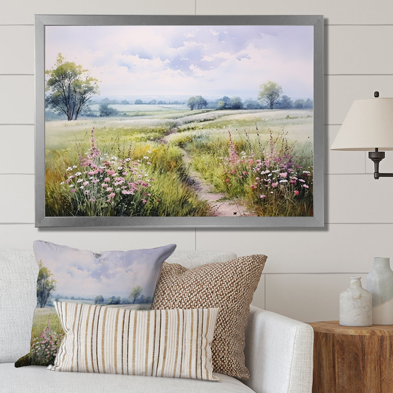 Meadow Scenery Minimalism Serenity II - Print on Canvas, 24" H x 32" W x 1" D, Black Floater Framed