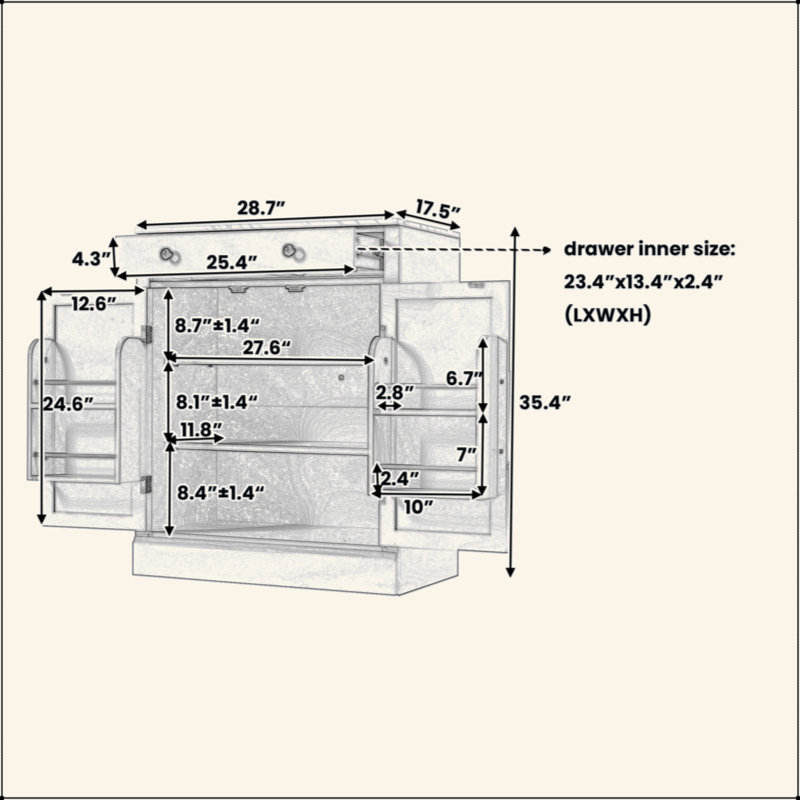 Garde-manger autoportant moderne, rangement pour buffet, armoire à café avec tiroir, 2 tablettes réglables et 2 tablettes de porte pour la cuisine et la salle à manger