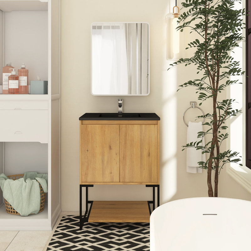 Ensemble de meuble-lavabo simple 24 po avec plateau en résine Belem, Noir, Chêne