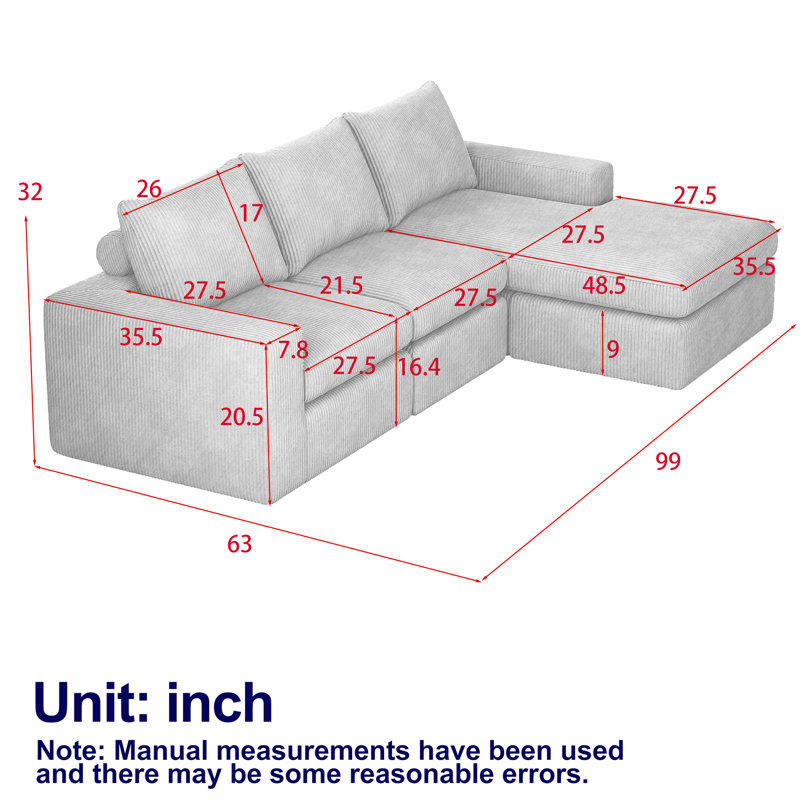 Canapé modulaire en velours côtelé de 99 pouces avec trois coussins, conception à deux coussins pour le style, coussin supplémentaire pour le cou, rembourrage en éponge haute densité à rebond lent, module renforcé de fer, aucune installation