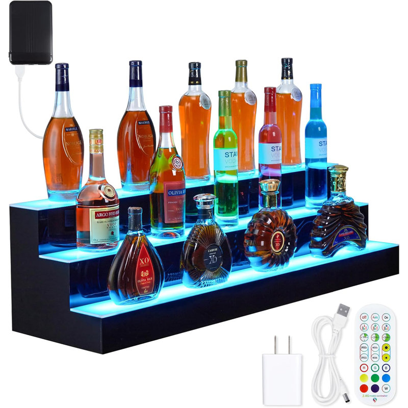 Tablette de présentation de bouteilles de boissons alcoolisées à DEL avec tablettes en acrylique de 24 pouces à 3 niveaux, éclairage multicolore, 4 modes de musique, télécommande sans fil et télécommande sans fil, fixation murale pour bar ou maison, rectangulaire