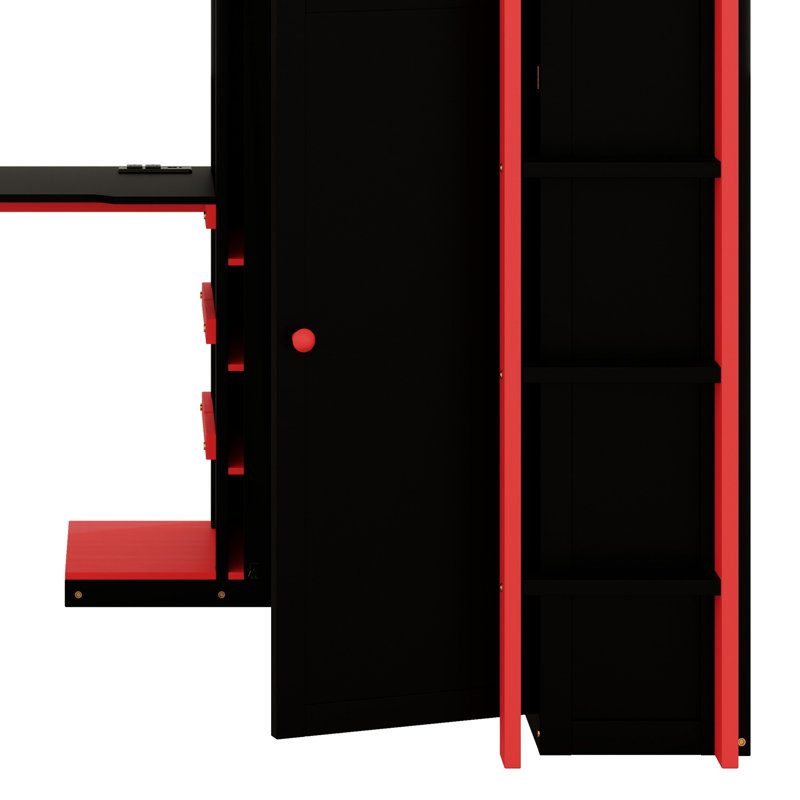 Wood Loft Bed With Desk, Multi Storage Shelves And USB, Red