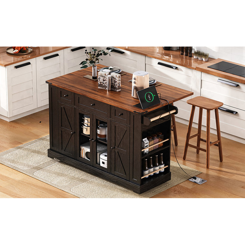 53'' Farmhouse Kitchen Island With Two Tempered Glass Cabinet Doors, Power Outlet, Rolling Kitchen Cart On Wheels With Drop Leaf, 5 Open Side Racks, 3 Drawers, For Kitchen, Dining Room, Black