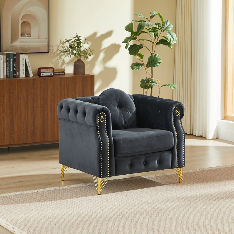 Canapé Chesterfield en velours avec coussins ronds, Noir