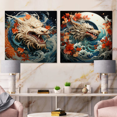 Japanese Dragon Wave Off Kanagawa I - Dragons Metal Wall Art Square Set Of 2