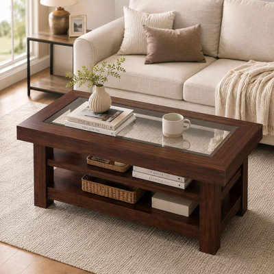 47.2" Coffee Table with Storage, Tempered Glass Top & 2-Tier Open Shelves