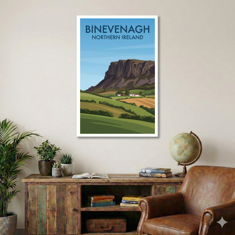 Binevenagh, Northern Ireland - Romantic Cliff-top Travel Poster. Giclee Print On Wrapped Canvas. Wall Art, Home Decor - Natural Landmarks, Northern Ireland - Wrapped Canvas Print