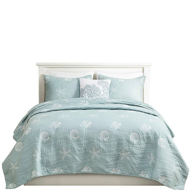 4 Piece Reversible Cotton Quilt King/ King. Embroidered Starfish & . . Prewashed. Machine Washable. Ocean Sunrise Bedding. For King . Simple Cleaning. Coastal