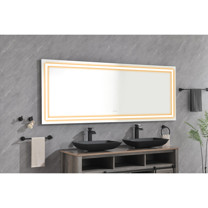 Miroir de salle de bain 72 po x 30 po avec brouillard, 3 couleurs, gradation variable, verre HD, aluminium, miroir mural de salle de bain 72 po x 30 po, fonction de brouillard, lumières colorées, cadre en aluminium