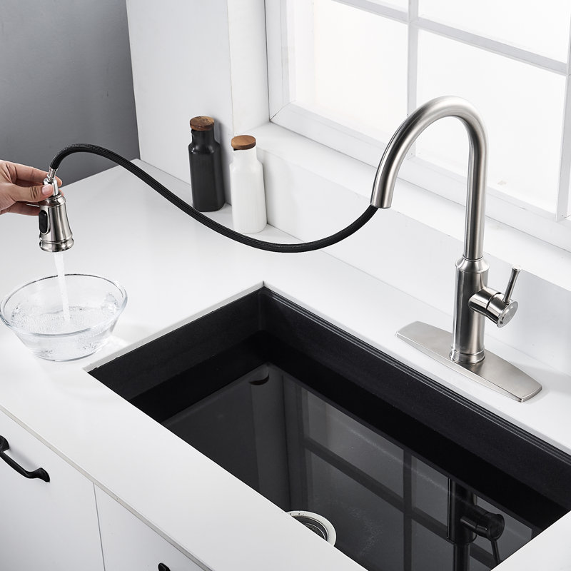 Pull Down Single Handle Kitchen Faucet With Deck Plate, Handles and Supply Lines, Brushed Nickel