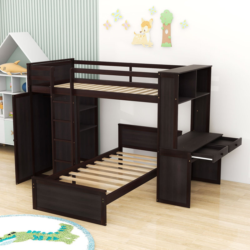 Lit mezzanine simple pour enfants avec lit autonome et tiroirs Fetterly, Espresso
