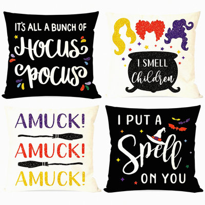 Fall Magic Pillow Covers Set of 4 - Sanderson Sisters Brew Hat Design - Black Decorative Throw Pillow Cases Indoor Outdoor Decor - Hocus Pocus Inspired Home Decorations