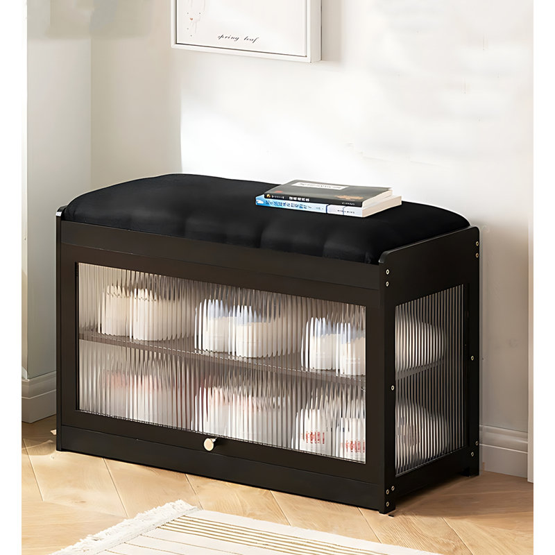Transparent Flap Door Bamboo Shoe Storage Bench, Black