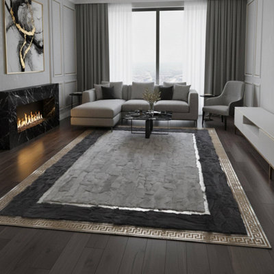 Tapis gris et noir en fourrure de lapin, tapis en fourrure ultra, tapis de salon gris foncé
