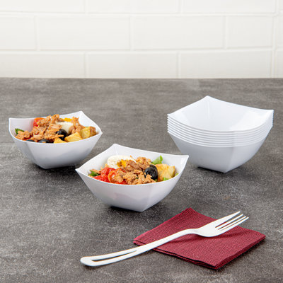 Restaurantware-Moderna 8 Ounce Fancy Plastic Bowls, 10 Square Disposable Salad Bowls - Durable, Heavy-duty, White Plastic Bowl, For Warm And Cold Foods