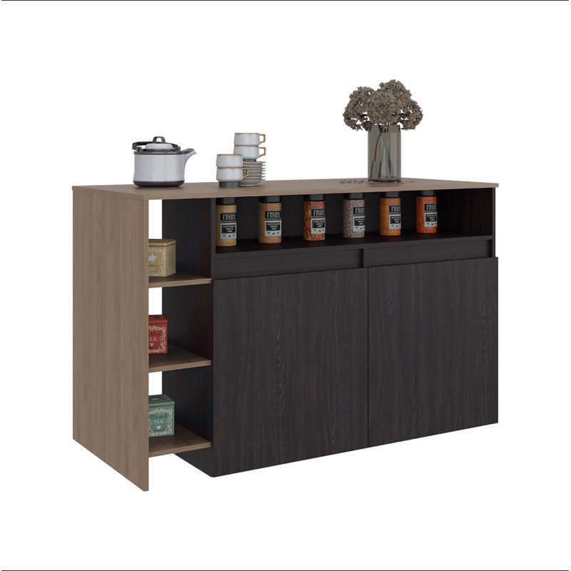 Îlot de cuisine 2 portes en wengé et chêne naturel, H 35,4 po x l 55 po x P 25,7 po