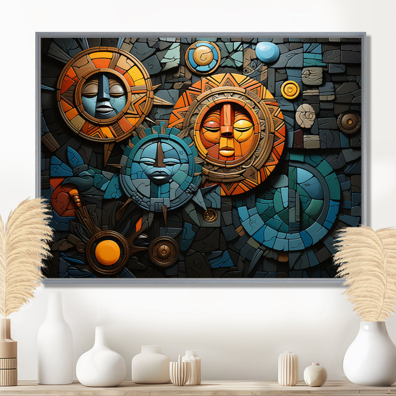 African Cultural Mosaic On Canvas Print, 24" H x 32" W x 1" D, Silver Floater Framed
