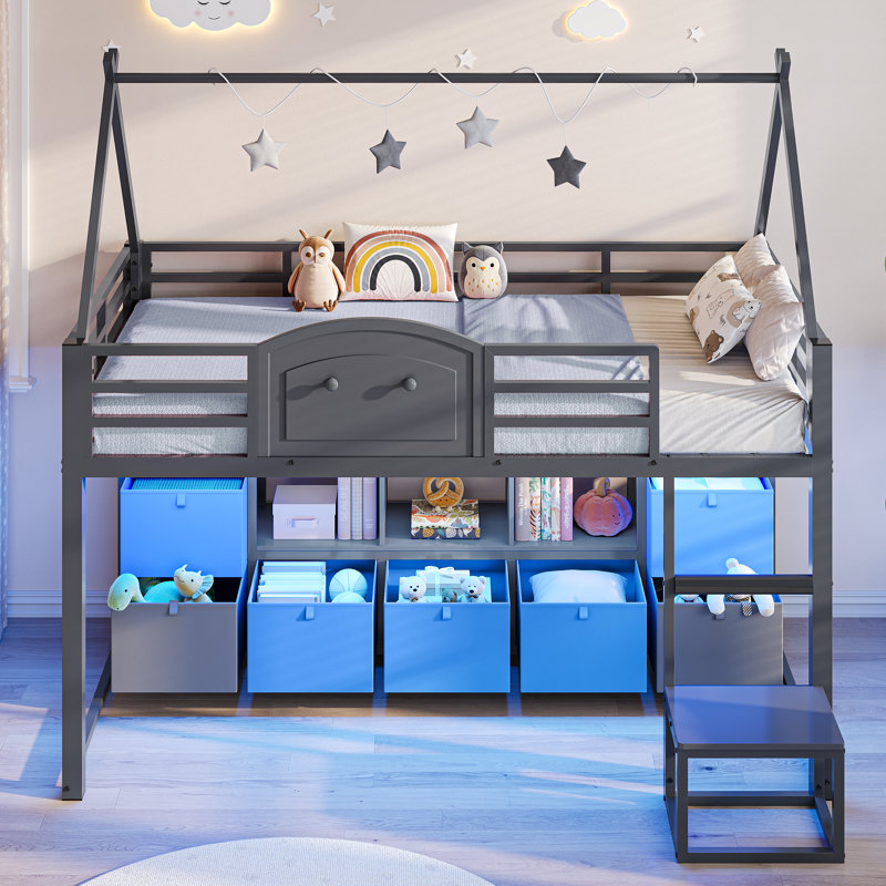 Twin Size Low Loft Bed with 9 Storage Drawers, Bookcase and LED Lights, House-Shaped Metal Twin Loft Bed with Step Stool and Safety Guardrail, Kids Loft Bed with Under-Bed Play Space