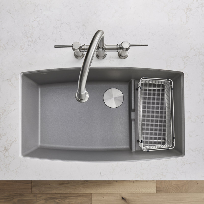Performa Cascade SILGRANIT 32" Single Bowl Undermount Kitchen Sink with Colander, Metallic Gray