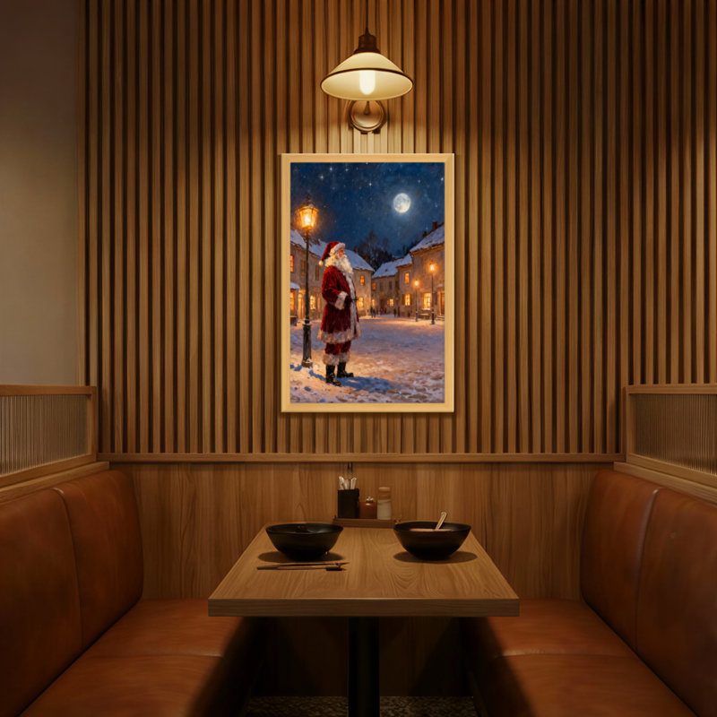 Père Noël de Noël debout dans une ville enneigée la nuit, H 24 po x l 16 po