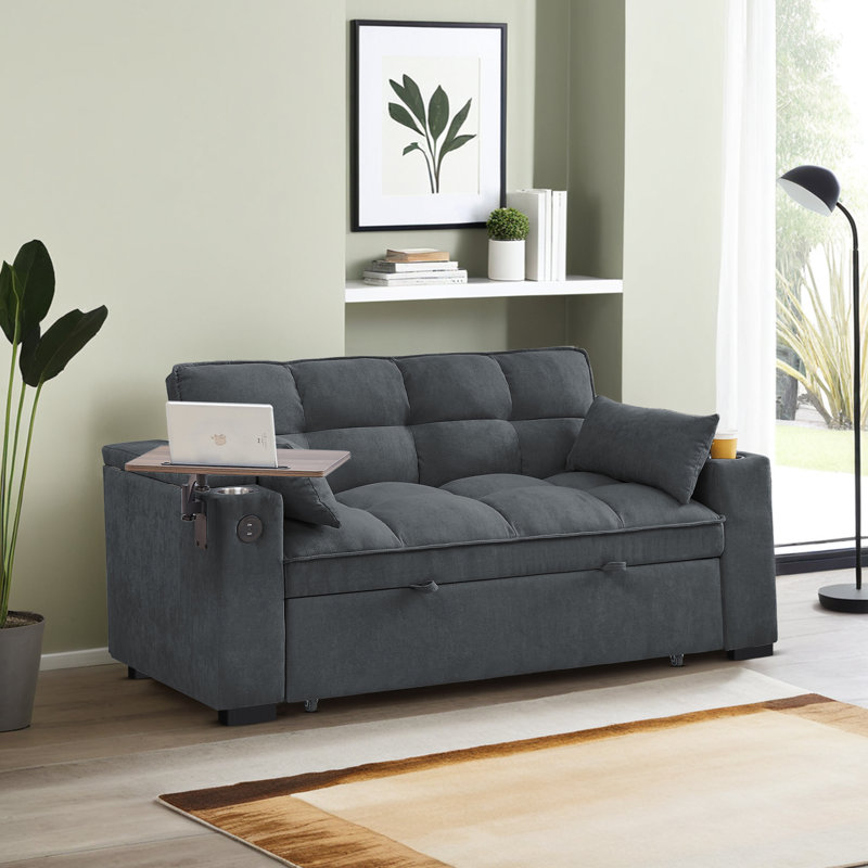 Canapé-lit futon convertible de 65 po de largeur avec canapé-lit, table d'appoint, ports USB et accoudoirs de rangement de type C