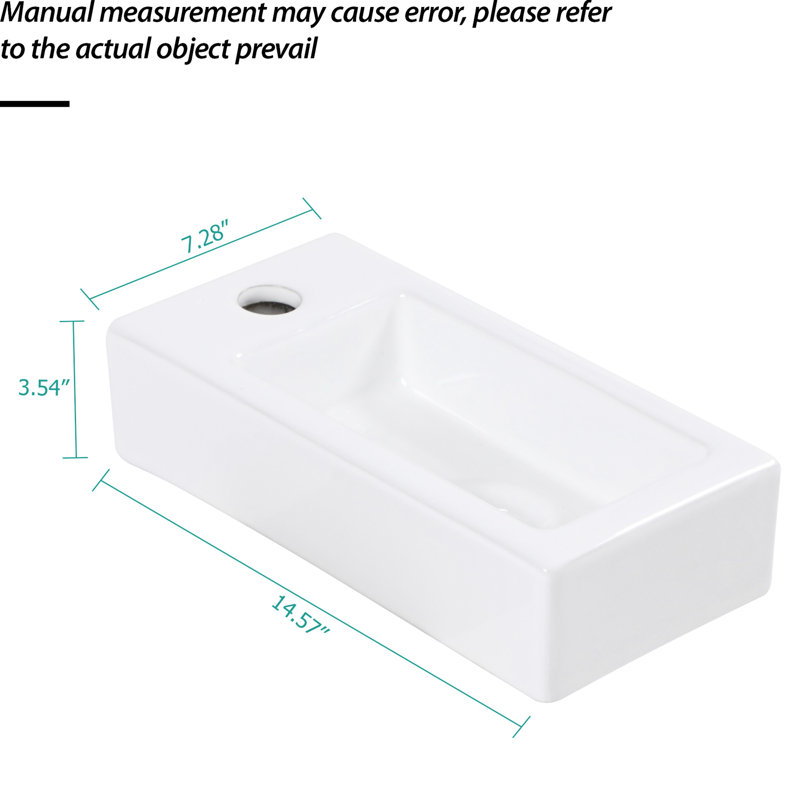 Lavabo de salle de bain mural en céramique blanche - 14,53 x 7,48 pouces rectangulaire, teinture, faible absorption d'eau, résistance aux acides, attrait moderne avec trou de robinet, lavabo rectangulaire, teinture, absorption