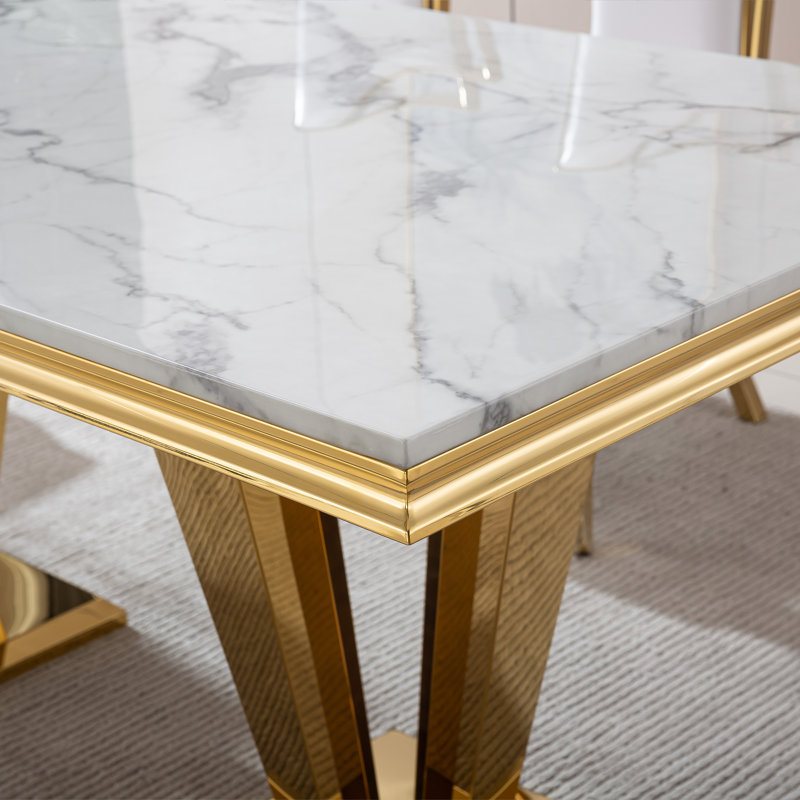 7-Piece Dining Set with Marble-Print Tabletop and Upholstered Chairs – Velvet & PU Options, Stainless Steel Legs